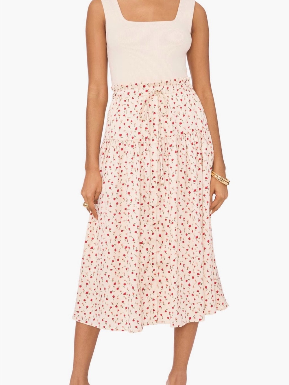 1. State Cream Midi Skirt with Red Floral Print